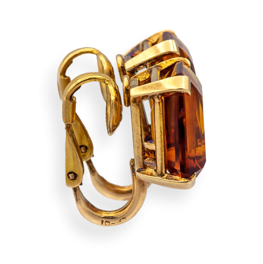 Vintage 14K/10K Yellow Gold Madeira Citrine Emerald Cut Clip-On Earrings