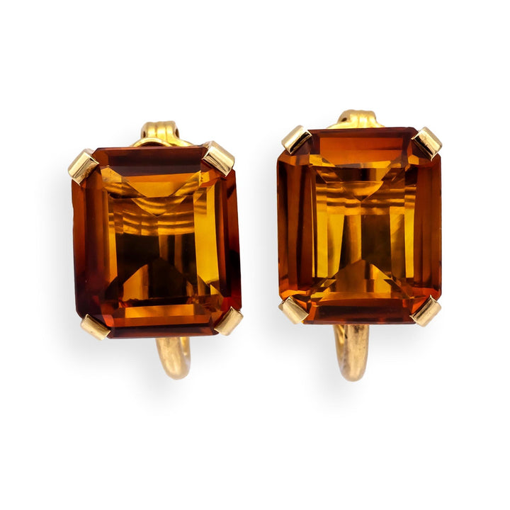 Vintage 14K/10K Yellow Gold Madeira Citrine Emerald Cut Clip-On Earrings