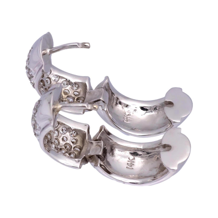 14K White Gold Pave 1.20ct Round Diamond Huggie Earrings