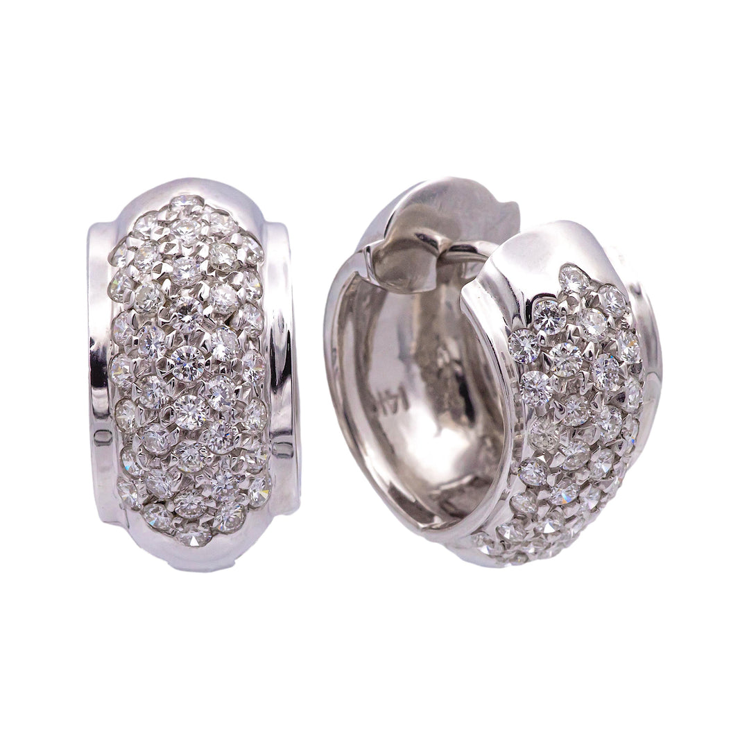 14K White Gold Pave 1.20ct Round Diamond Huggie Earrings