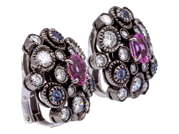 18K Gold Black Rhodium Sapphire Diamond 3ct Cluster Clip-On Earrings