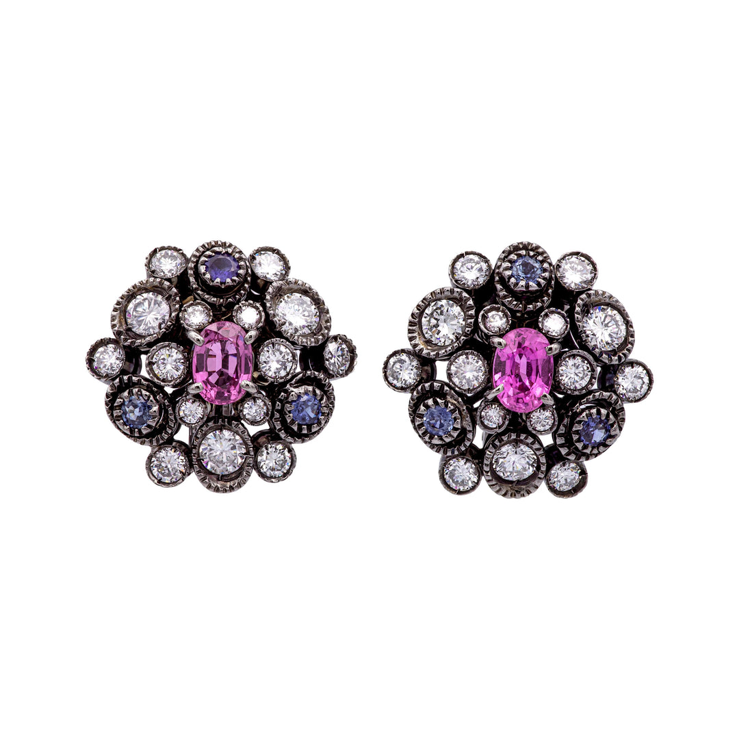 18K Gold Black Rhodium Sapphire Diamond 3ct Cluster Clip-On Earrings