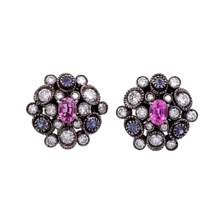 18K Gold Black Rhodium Sapphire Diamond 3ct Cluster Clip-On Earrings