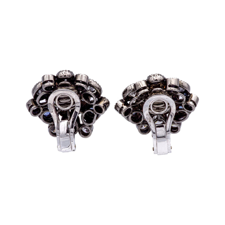 18K Gold Black Rhodium Sapphire Diamond 3ct Cluster Clip-On Earrings
