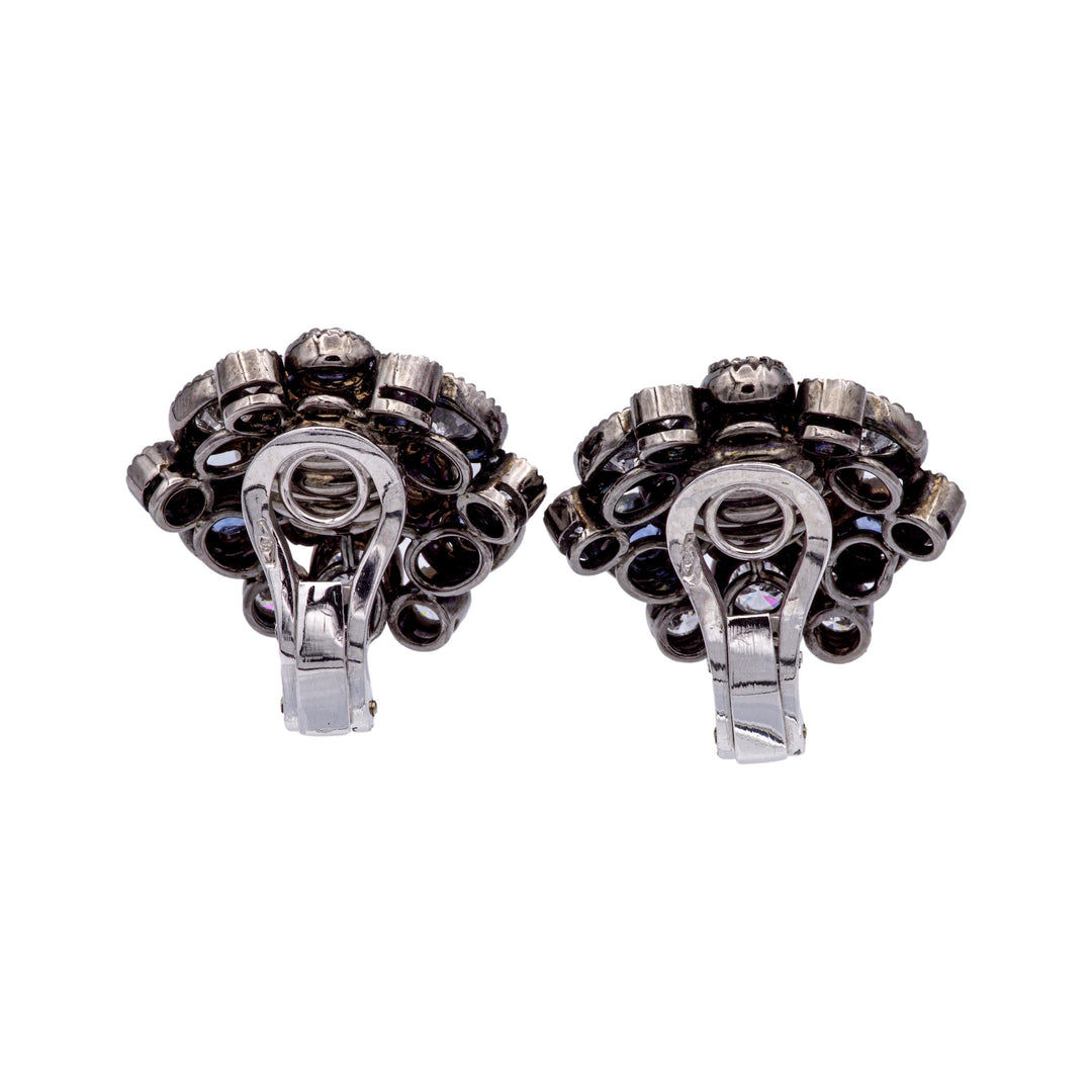 18K Gold Black Rhodium Sapphire Diamond 3ct Cluster Clip-On Earrings