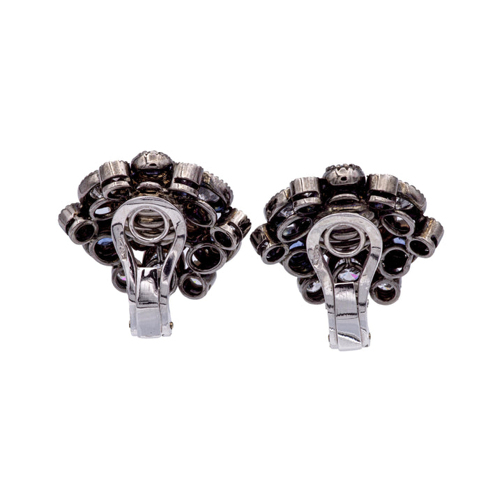 18K Gold Black Rhodium Sapphire Diamond 3ct Cluster Clip-On Earrings