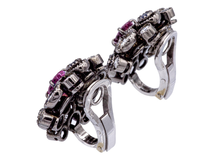 18K Gold Black Rhodium Sapphire Diamond 3ct Cluster Clip-On Earrings