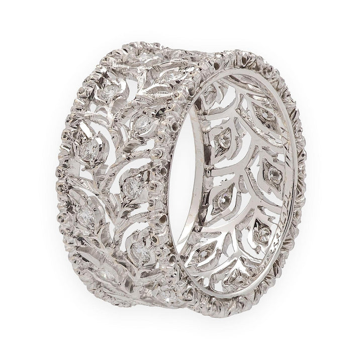 Buccellati Ramage Eternelle 18K White Gold Diamond Scalloped Band Ring Size 5.5