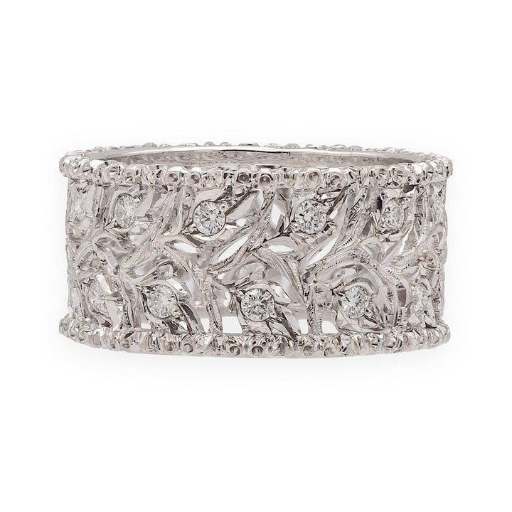 Buccellati Ramage Eternelle 18K White Gold Diamond Scalloped Band Ring Size 5.5