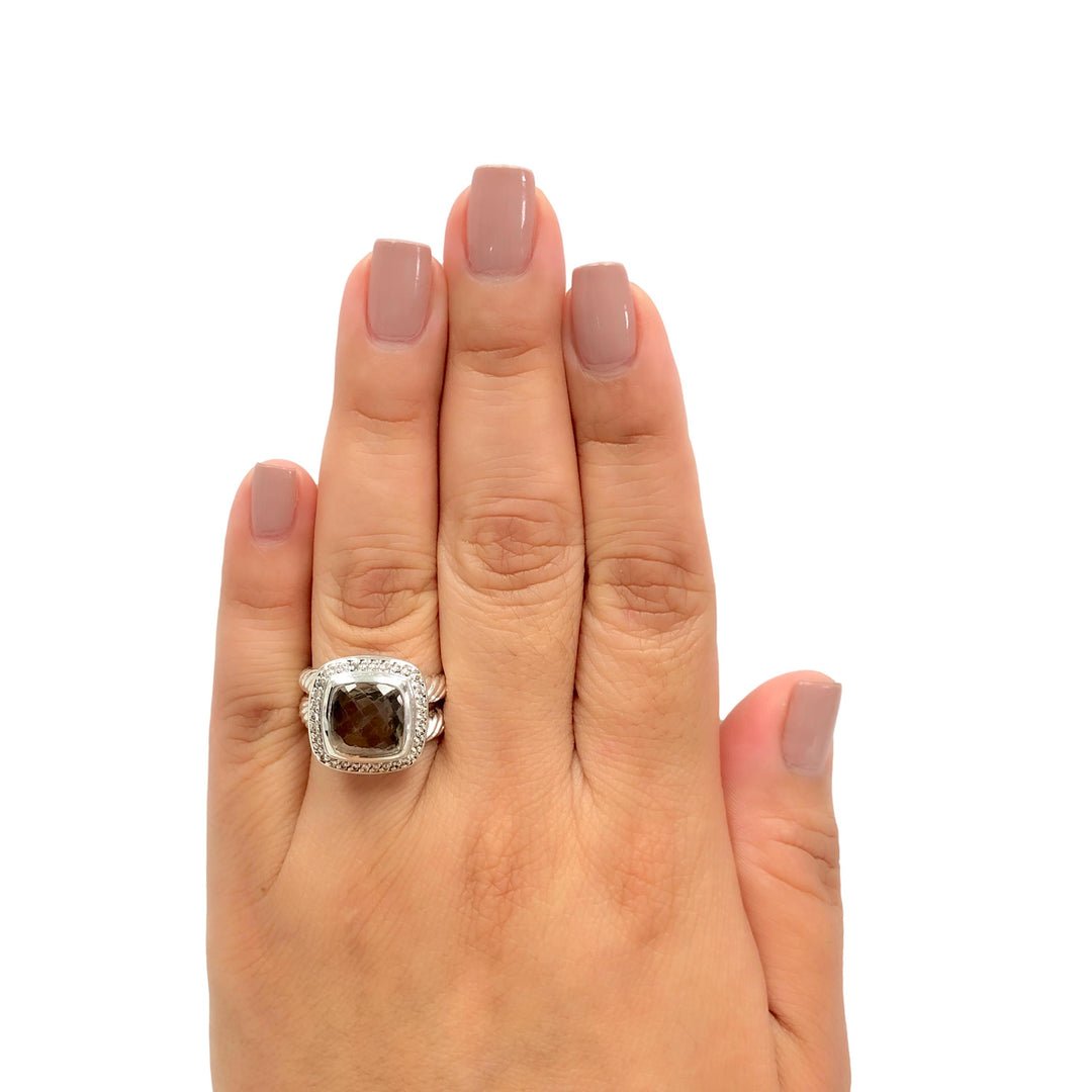 David Yurman Sterling Silver Smoky Quartz Albion Diamond Halo 14mm Ring