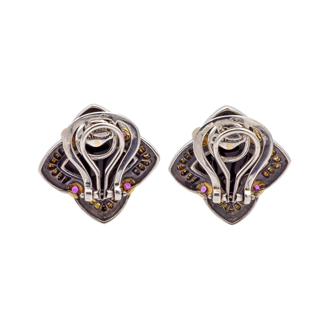 David Yurman Quatrefoil Silver 18K Gold Carved Onyx and Pink Tourmaline Earrings