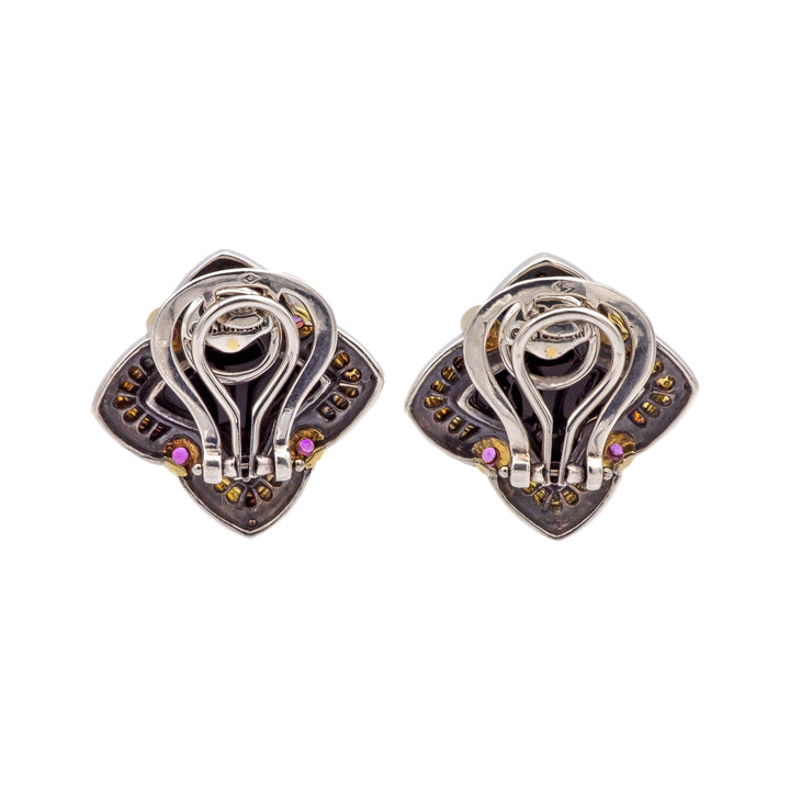 David Yurman Quatrefoil Silver 18K Gold Carved Onyx and Pink Tourmaline Earrings