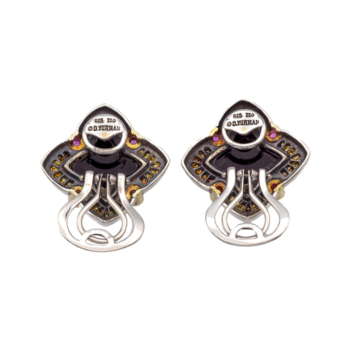 David Yurman Quatrefoil Silver 18K Gold Carved Onyx and Pink Tourmaline Earrings