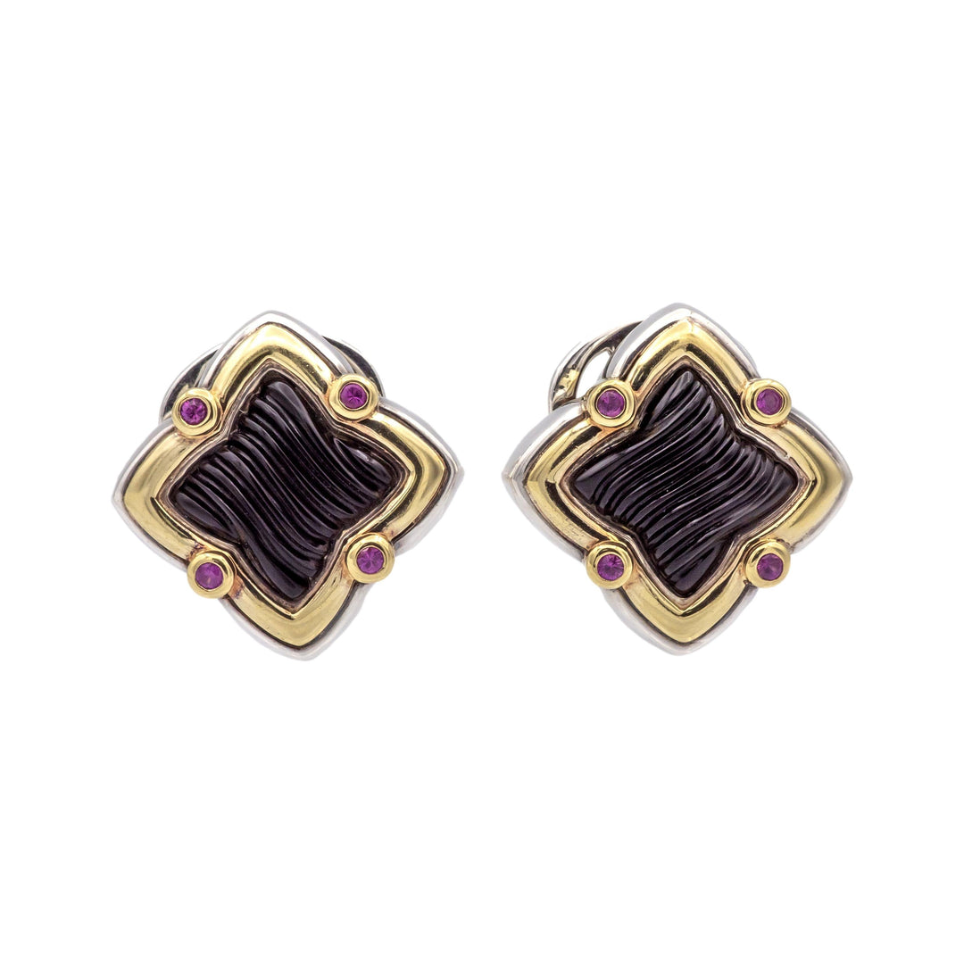 David Yurman Quatrefoil Silver 18K Gold Carved Onyx and Pink Tourmaline Earrings