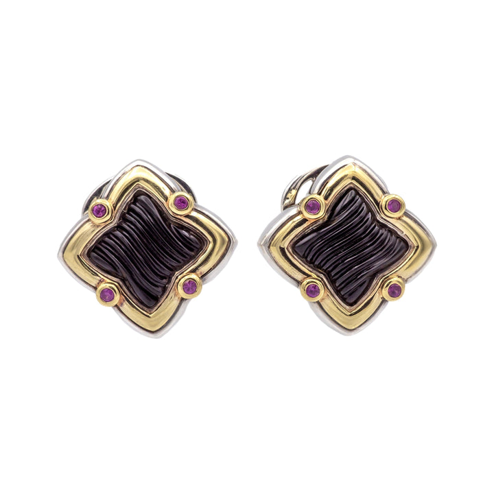 David Yurman Quatrefoil Silver 18K Gold Carved Onyx and Pink Tourmaline Earrings