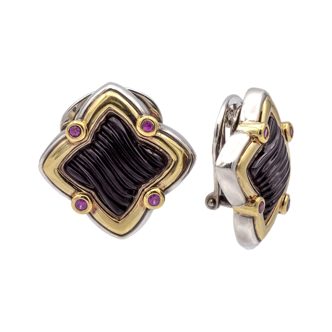 David Yurman Quatrefoil Silver 18K Gold Carved Onyx and Pink Tourmaline Earrings