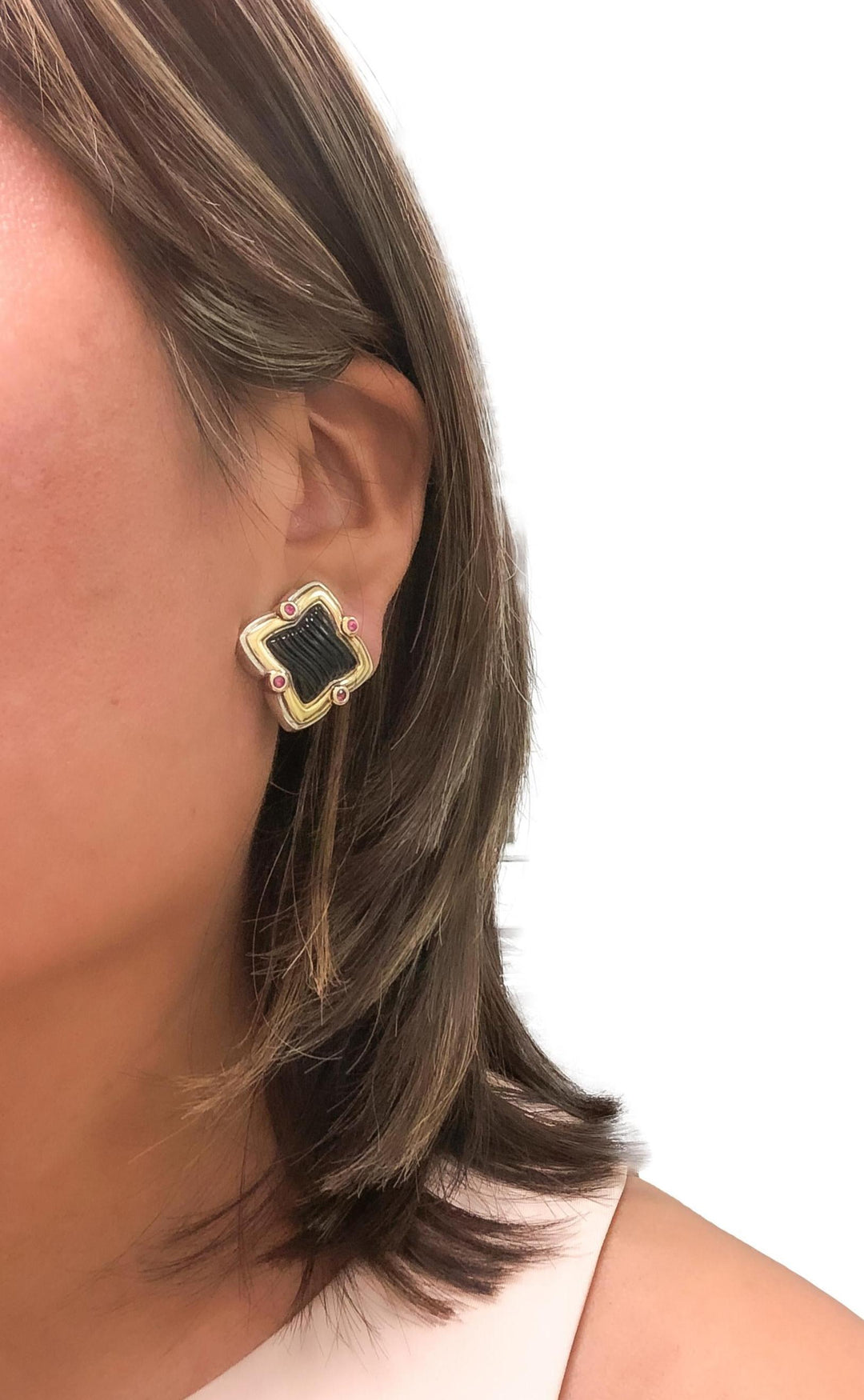 David Yurman Quatrefoil Silver 18K Gold Carved Onyx and Pink Tourmaline Earrings