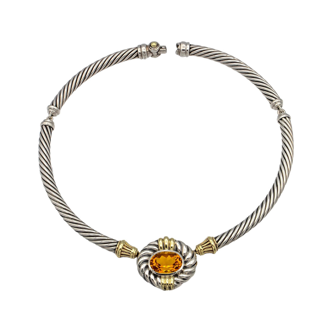 David Yurman Sterling Silver 14K Yellow Gold Cable Necklace Oval Citrine Center