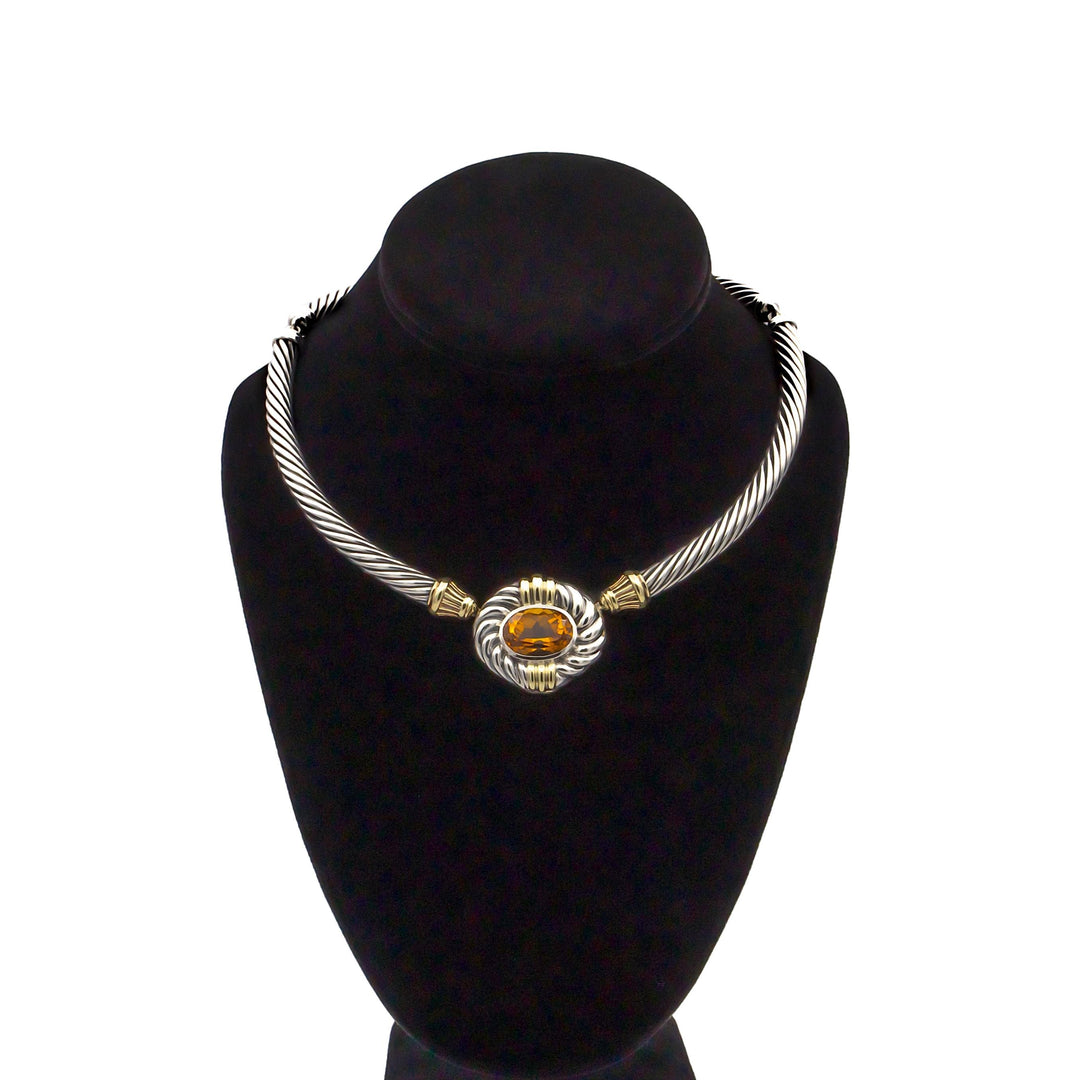 David Yurman Sterling Silver 14K Yellow Gold Cable Necklace Oval Citrine Center
