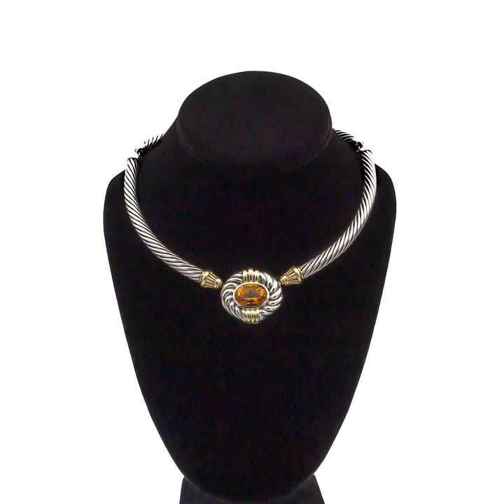 David Yurman Sterling Silver 14K Yellow Gold Cable Necklace Oval Citrine Center