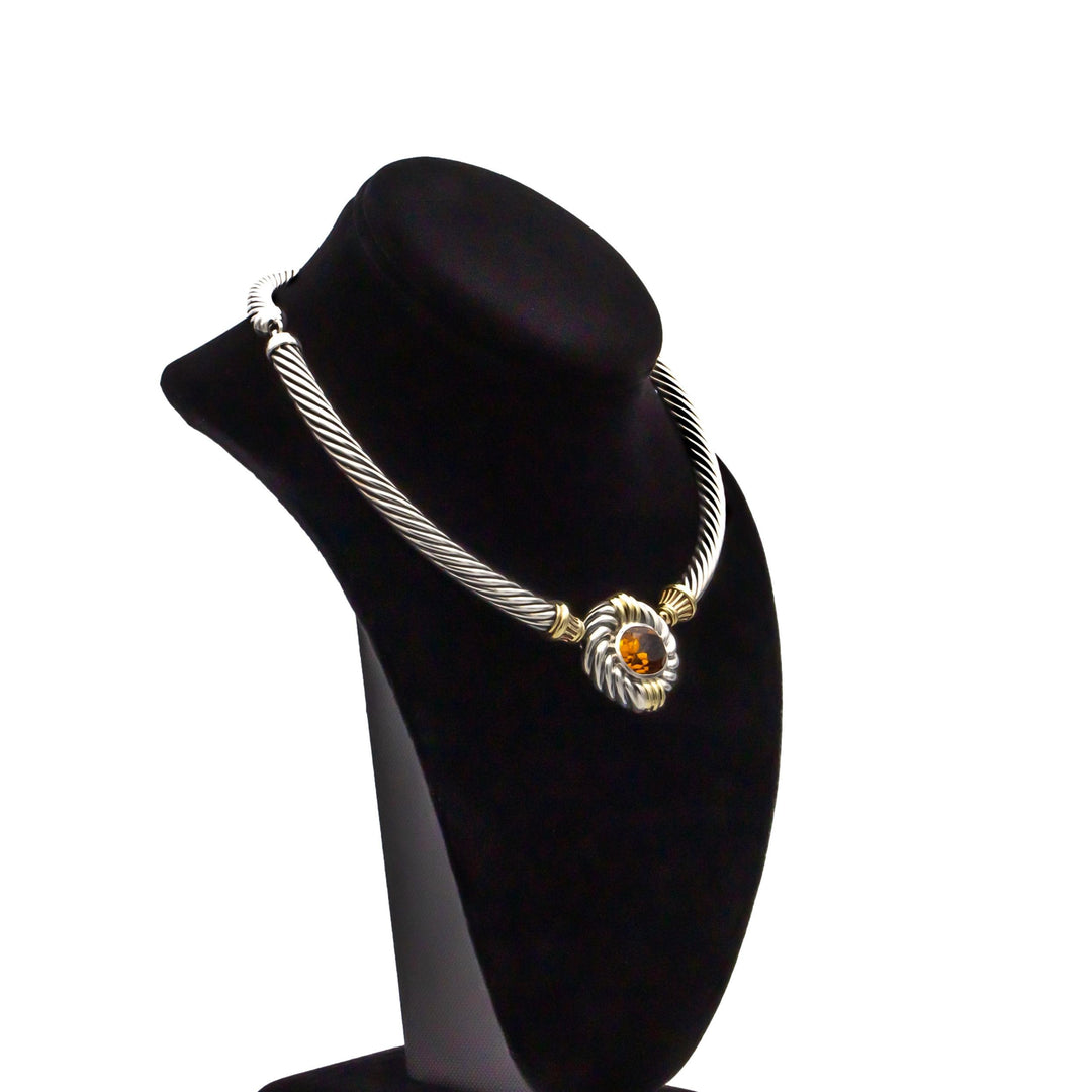 David Yurman Sterling Silver 14K Yellow Gold Cable Necklace Oval Citrine Center