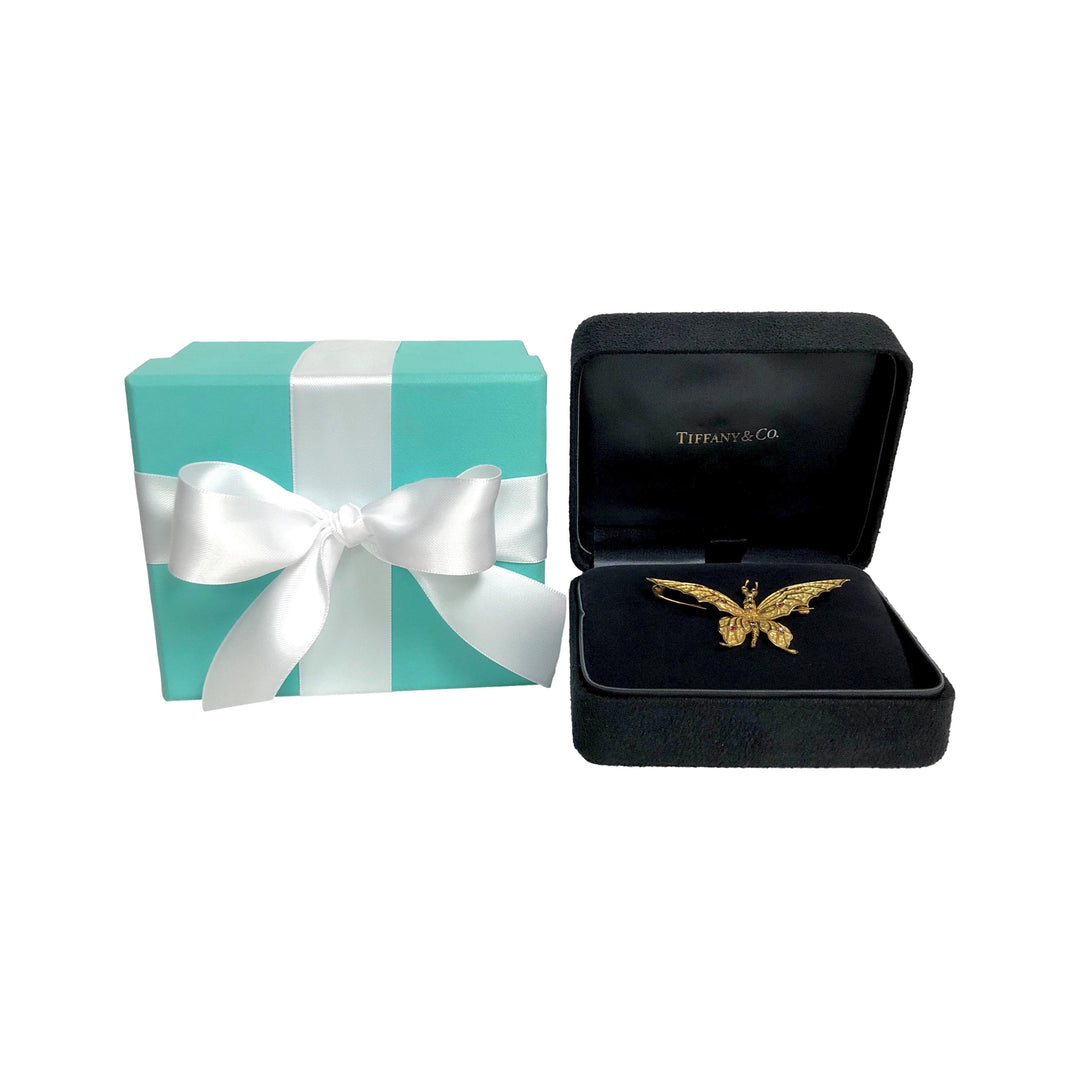 Vintage Tiffany & Co. 18K Gold Butterfly Brooch, Ruby & Sapphire, 1960s Italy