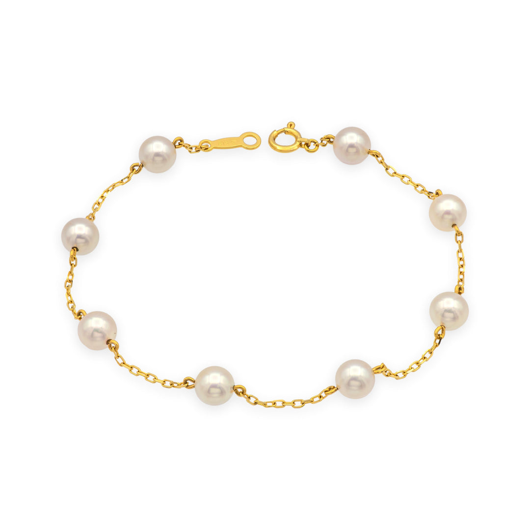 MIKIMOTO 18K Yellow Gold  5.5mm Pearl Station Bracelet – 7" w/orig Pouch