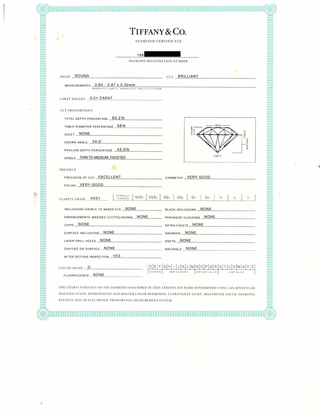 Tiffany & Co. Platinum .21 ct D VVS1 Round Diamond Solitaire Engagement Ring