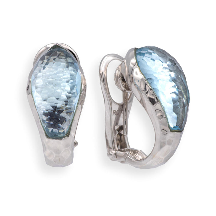 Roberto Coin 18K White Gold Hammered Clip / Post Earrings with Blue Topaz 14cts