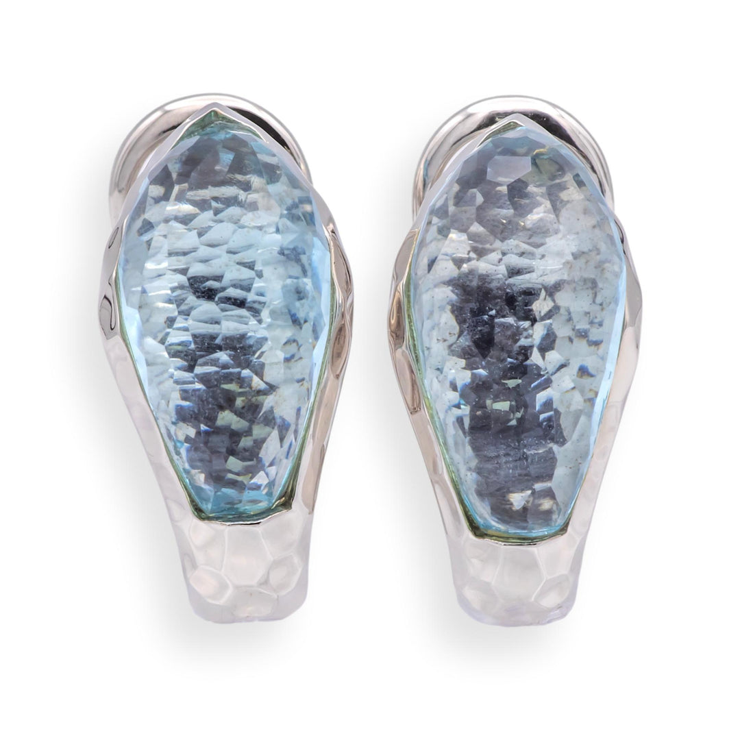 Roberto Coin 18K White Gold Hammered Clip / Post Earrings with Blue Topaz 14cts