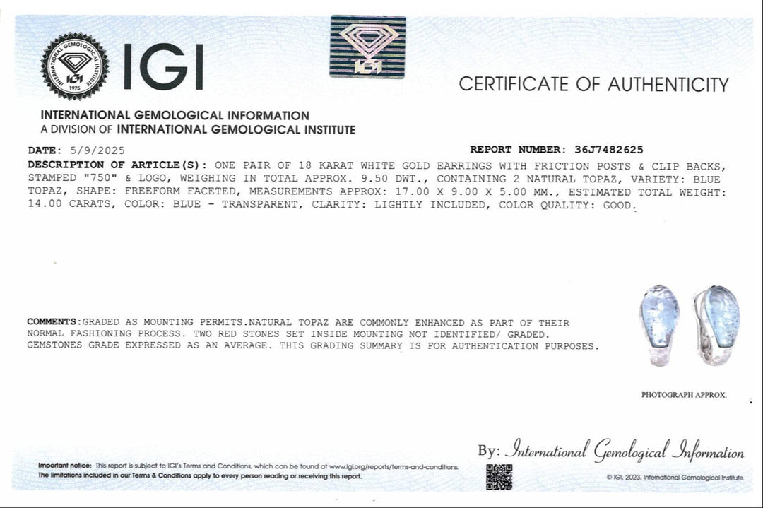 Roberto Coin 18K White Gold Hammered Clip / Post Earrings with Blue Topaz 14cts