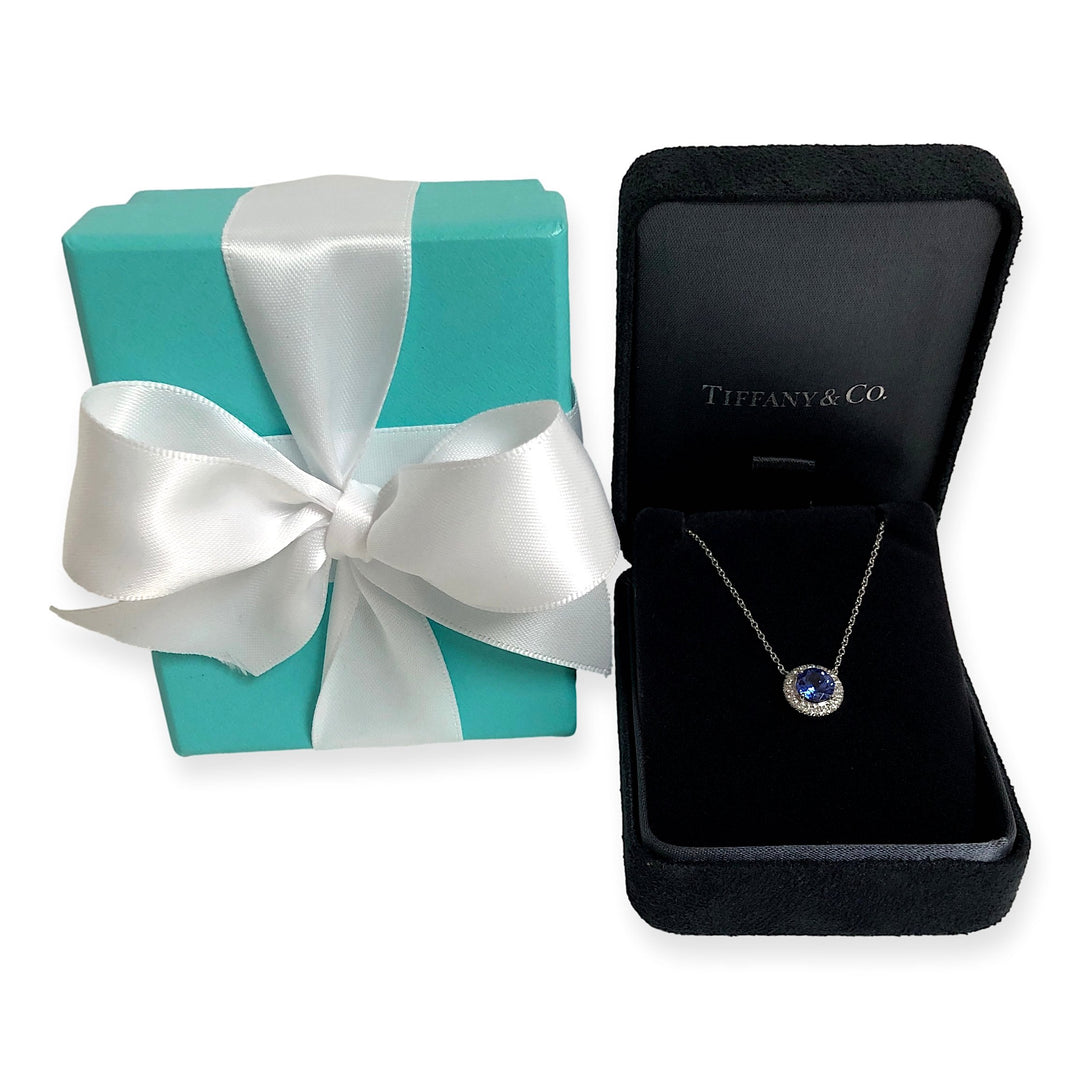 Tiffany & Co. Platinum Soleste Round Tanzanite Diamond Pendant Necklace 16" Long