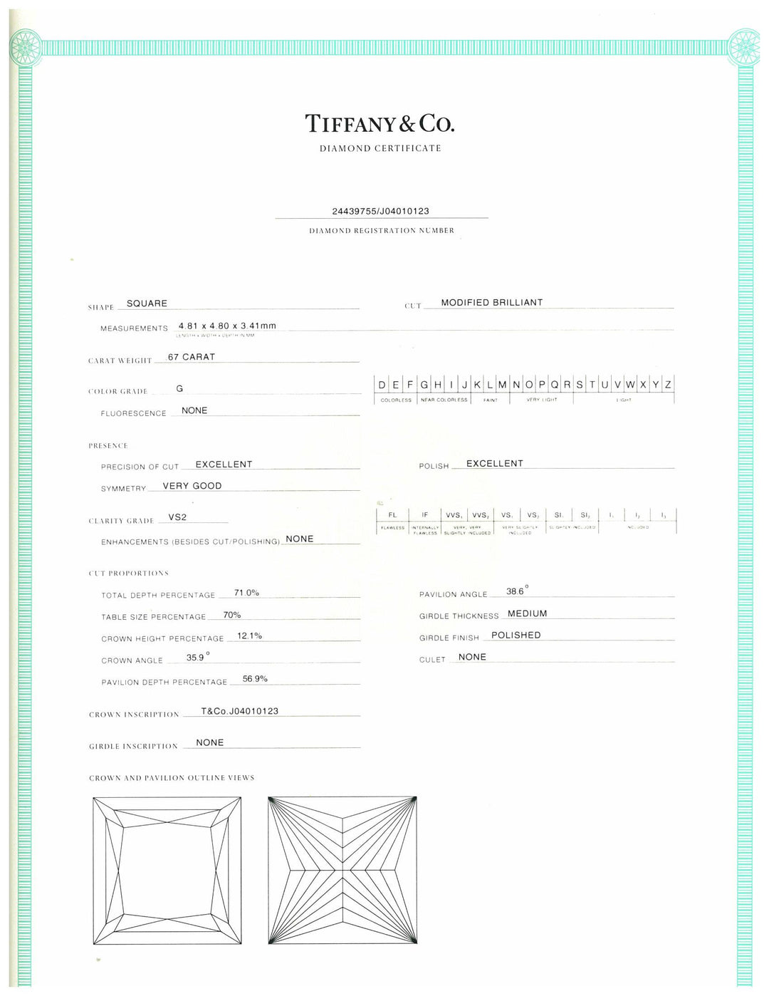 Tiffany & Co. Platinum Diamond Princess Cut Engagement Ring .67ct GVS2
