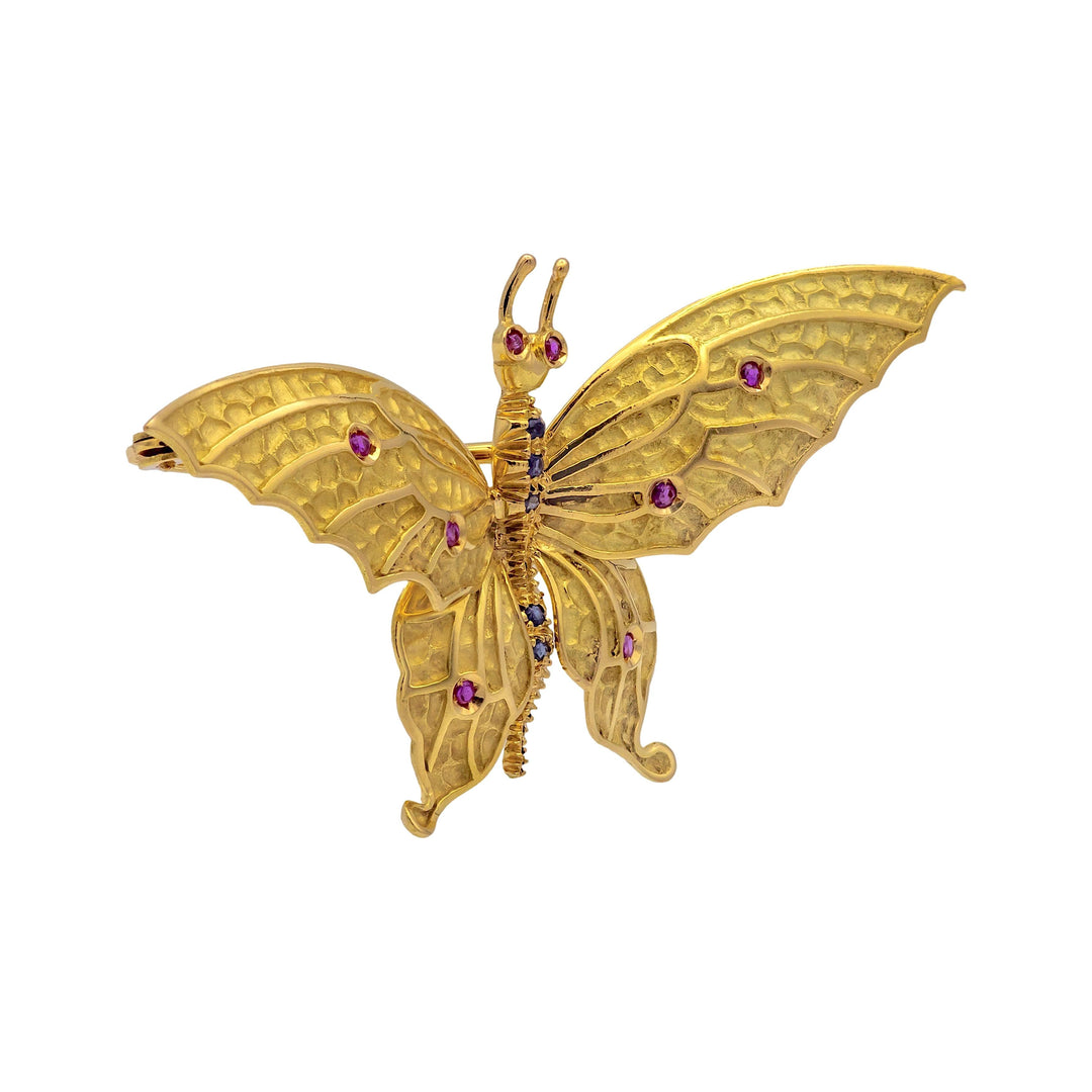 Vintage Tiffany & Co. 18K Gold Butterfly Brooch, Ruby & Sapphire, 1960s Italy