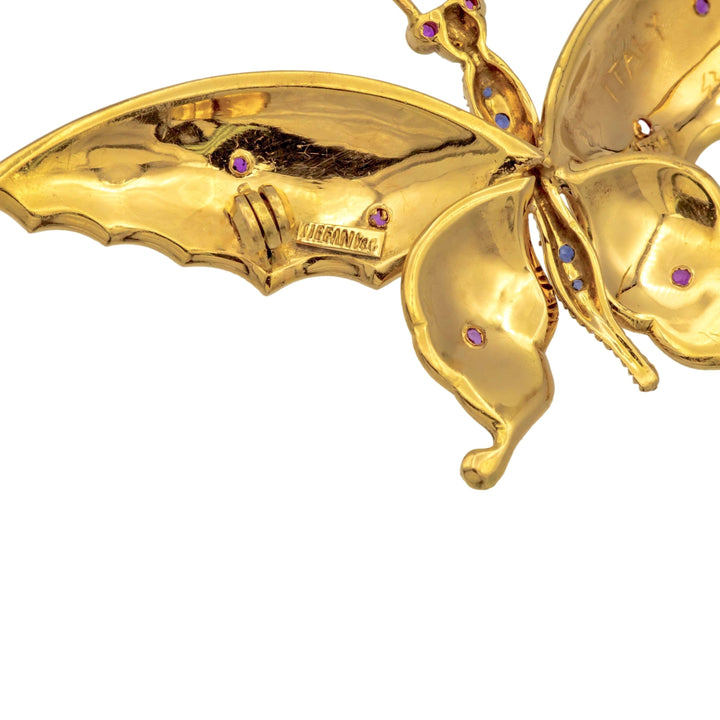 Vintage Tiffany & Co. 18K Gold Butterfly Brooch, Ruby & Sapphire, 1960s Italy