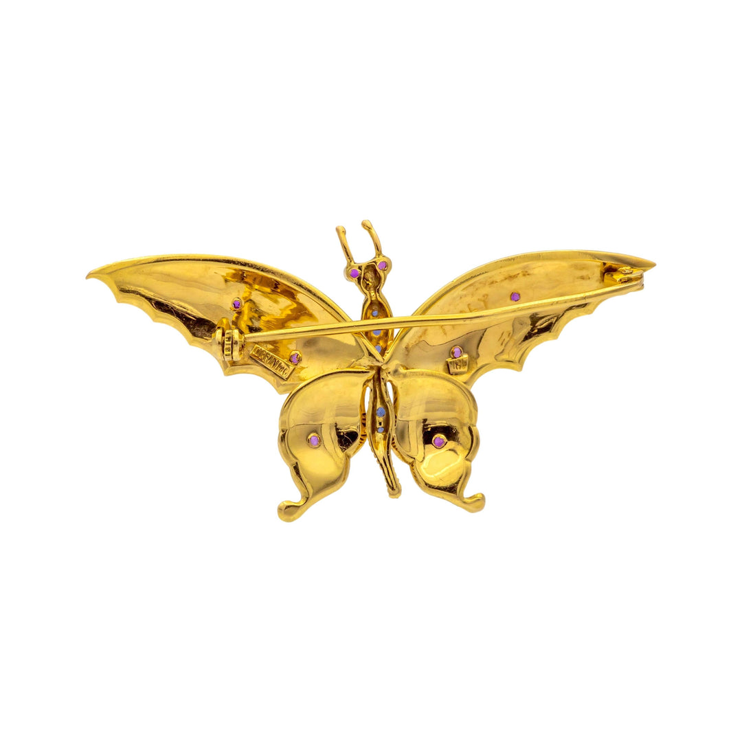 Vintage Tiffany & Co. 18K Gold Butterfly Brooch, Ruby & Sapphire, 1960s Italy