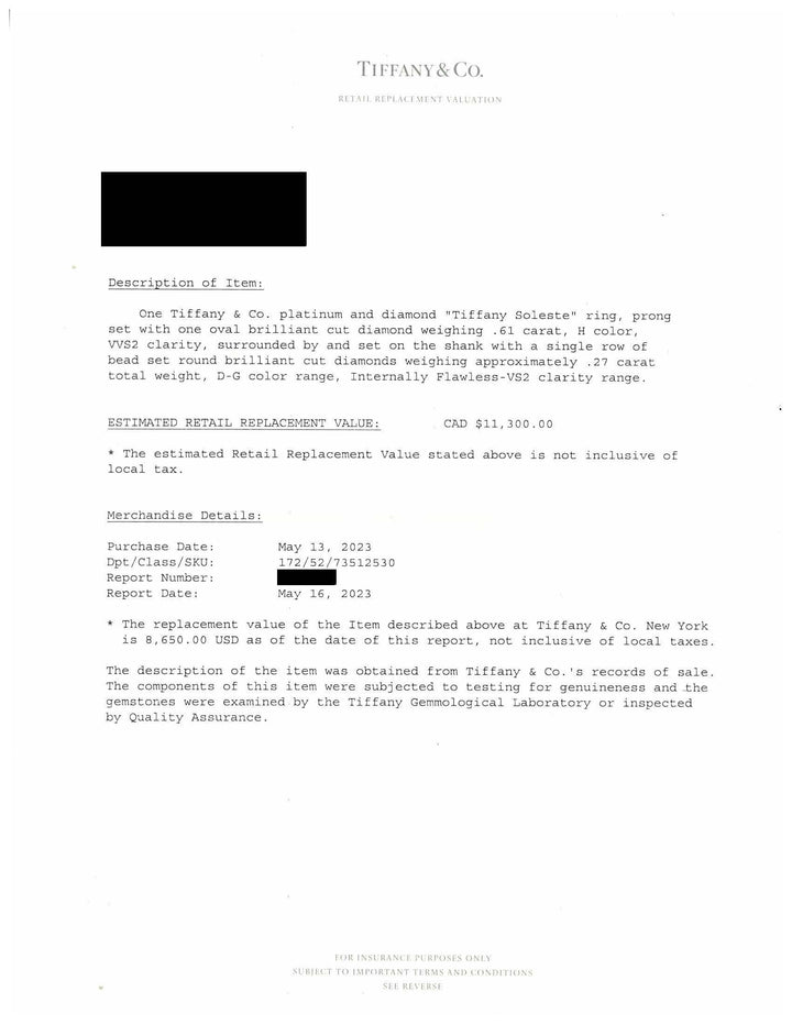 Tiffany & Co. Soleste Oval .88 cts total Diamond Engagement Ring Platinum H VVS2