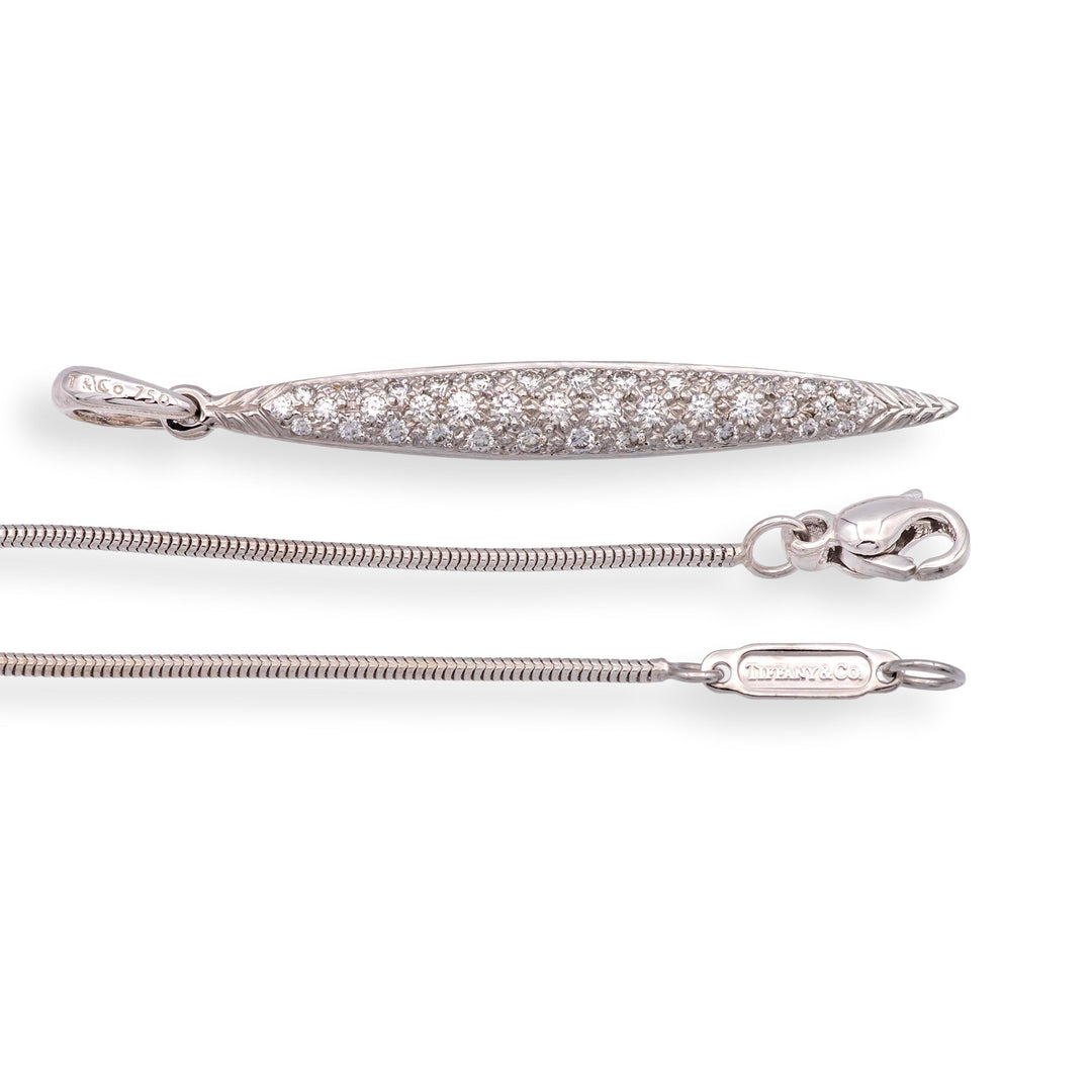 Vintage Tiffany & Co. 18K White Gold Pave Diamond Feather Pendant Necklace 18"