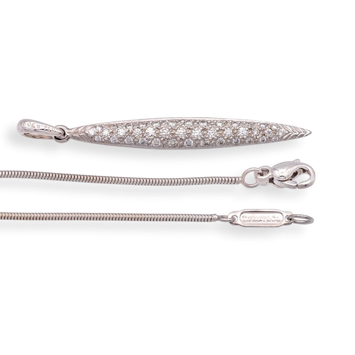 Vintage Tiffany & Co. 18K White Gold Pave Diamond Feather Pendant Necklace 18"
