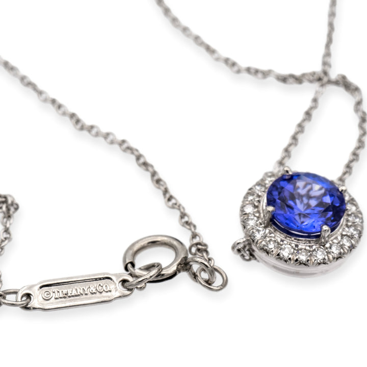 Tiffany & Co. Platinum Soleste Round Tanzanite Diamond Pendant Necklace 16" Long