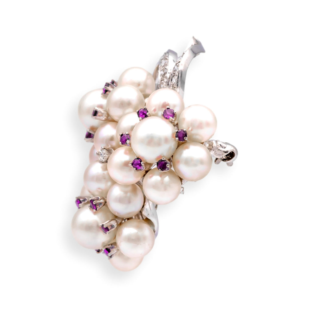 Vintage 14K White Gold Pearl Ruby Diamond Grape Cluster Brooch