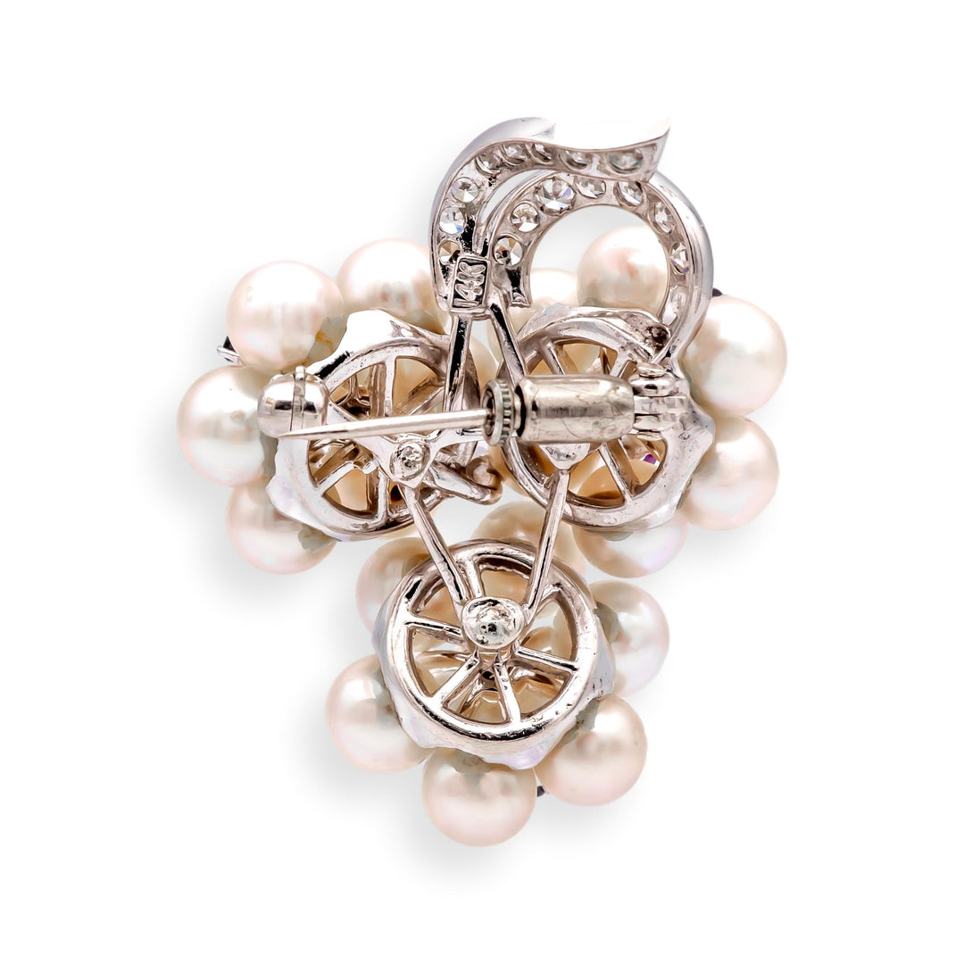 Vintage 14K White Gold Pearl Ruby Diamond Grape Cluster Brooch