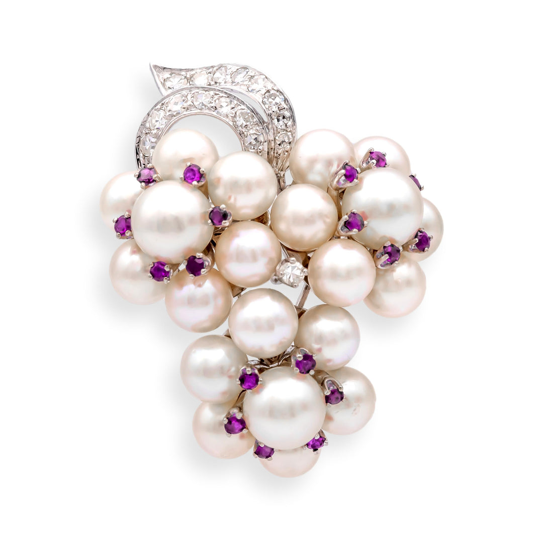 Vintage 14K White Gold Pearl Ruby Diamond Grape Cluster Brooch