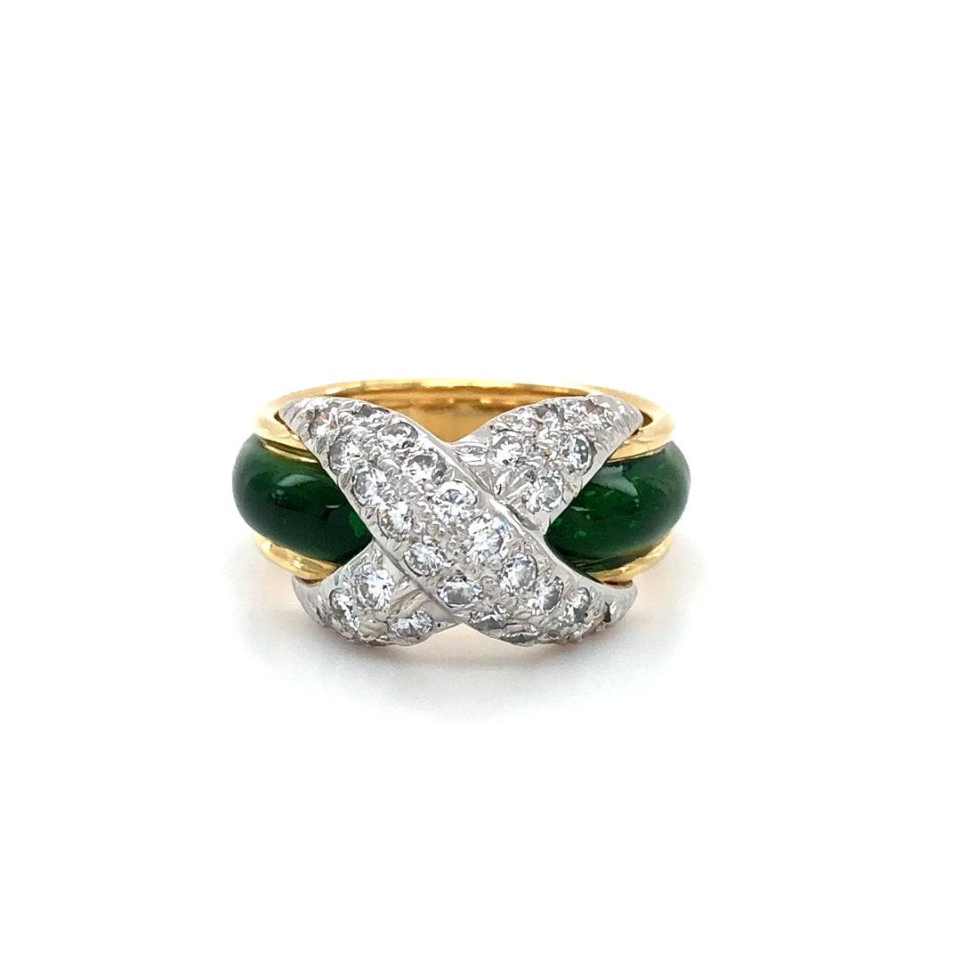 Tiffany & Co. Platinum 18K Yellow Gold Diamond X Schlumberger Green Enamel Ring