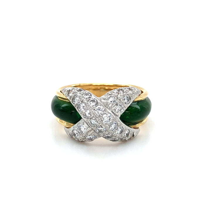 Tiffany & Co. Platinum 18K Yellow Gold Diamond X Schlumberger Green Enamel Ring