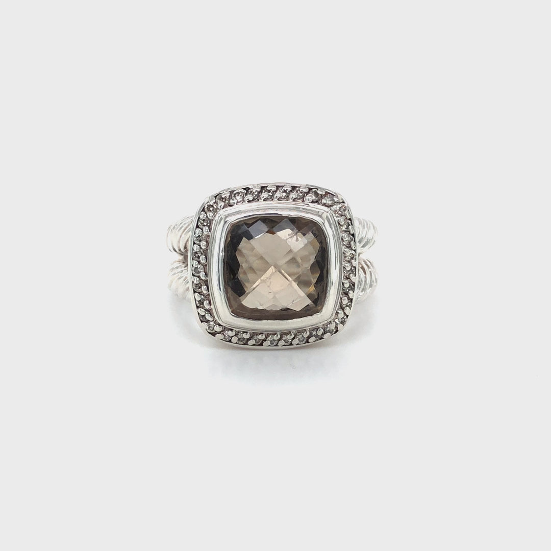 David Yurman Sterling Silver Smoky Quartz Albion Diamond Halo 14mm Ring
