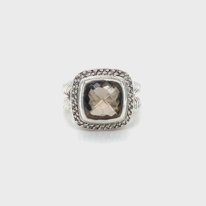 David Yurman Sterling Silver Smoky Quartz Albion Diamond Halo 14mm Ring