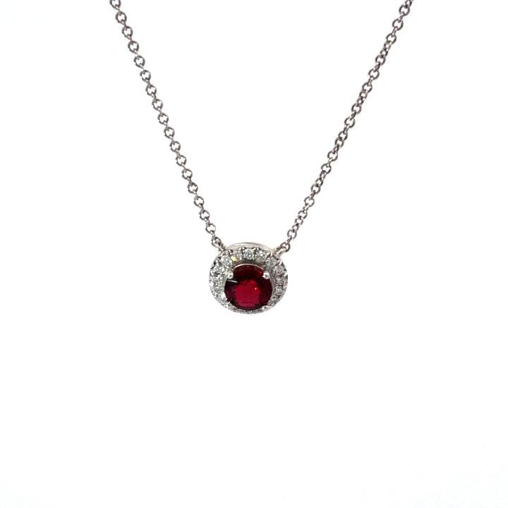 Tiffany & Co. Platinum Soleste Round Ruby and Diamond Pendant 16" Long