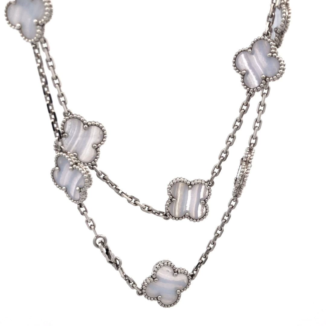 Van Cleef & Arpels 18K White Gold Vintage Alhambra 20 Motif Chalcedony Necklace