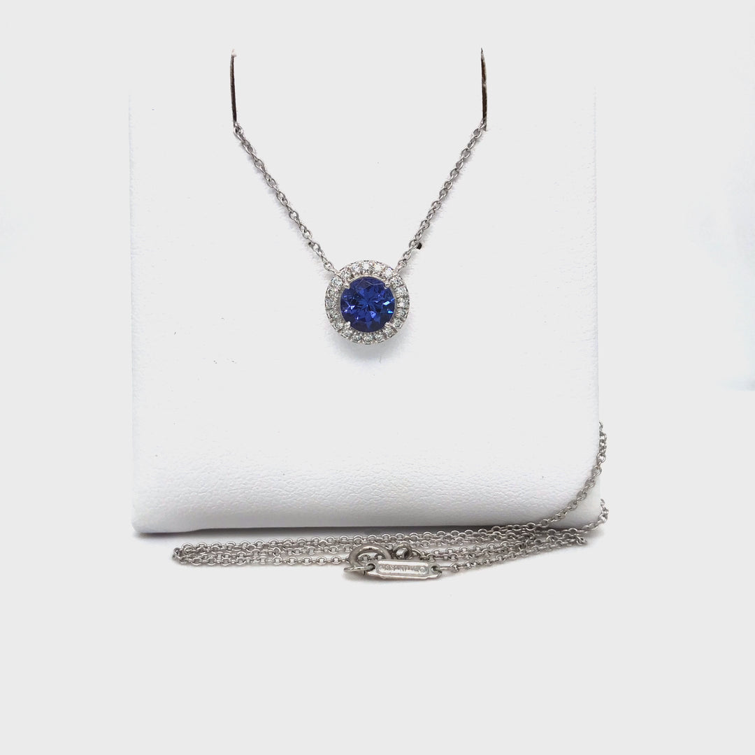 Tiffany & Co. Platinum Soleste Round Tanzanite Diamond Pendant Necklace 16" Long